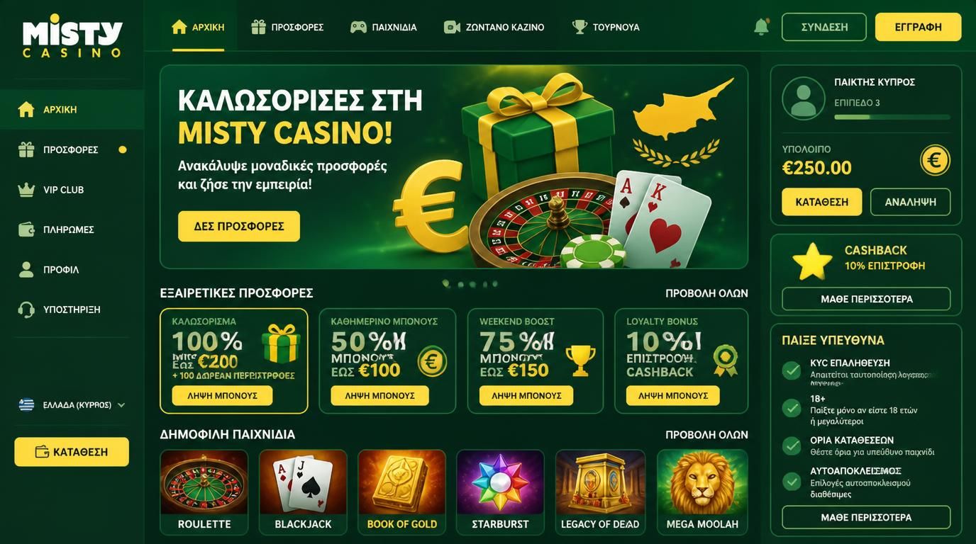 Ένας χρήστης από Κύπρο βλέπει μπόνους, κανόνες και προσφορές μπόνους στο Misty Casino